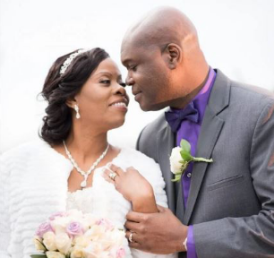 Close-up shot of a bride and groom